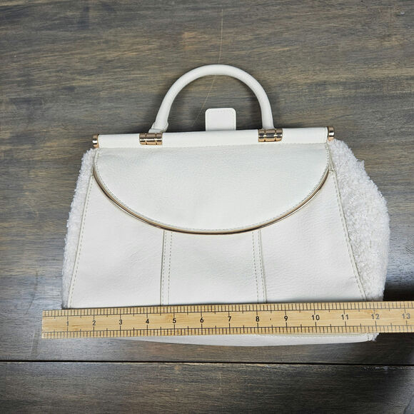 Lauren Conrad Ivory Sherpa Side Faux Leather Satchel Bag Gold Hardware Winter - Picture 7 of 9